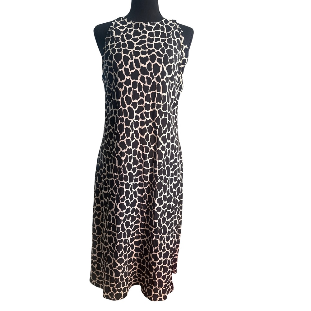 Vintage Maggy  London 100% Silk Print Midi Dress Black Cream Sleeveless Size 14